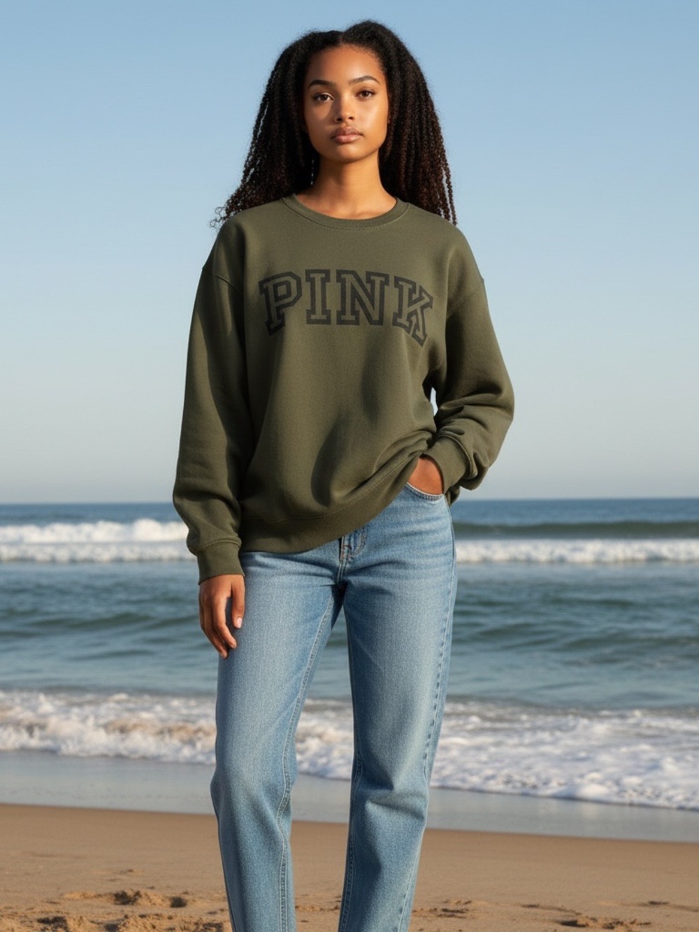 PINK Victoria's Secret Olive Green Crewneck Sweatshirt with Tonal Logo - large